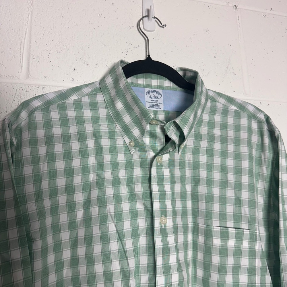 Brooks Brothers Regent Gingham Shirt Mens Large Green White Non-Iron Cotton